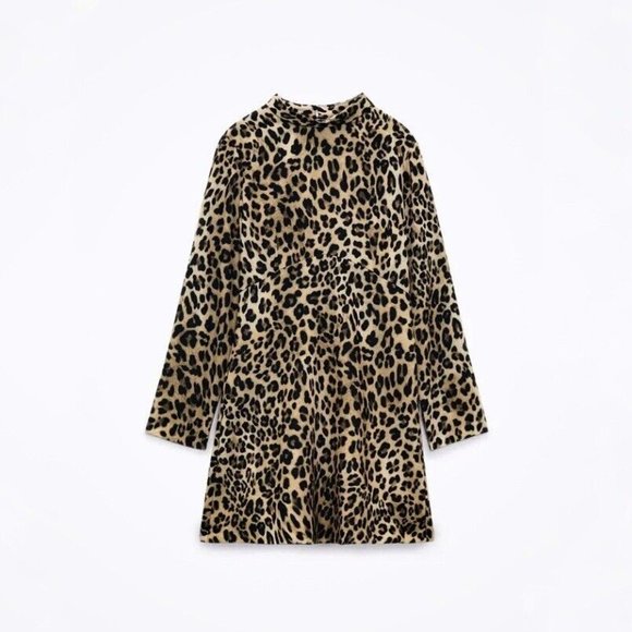 New ZARA S Small Mock Neck Animal Leopard Print Mini Short Dress - Picture 16 of 16